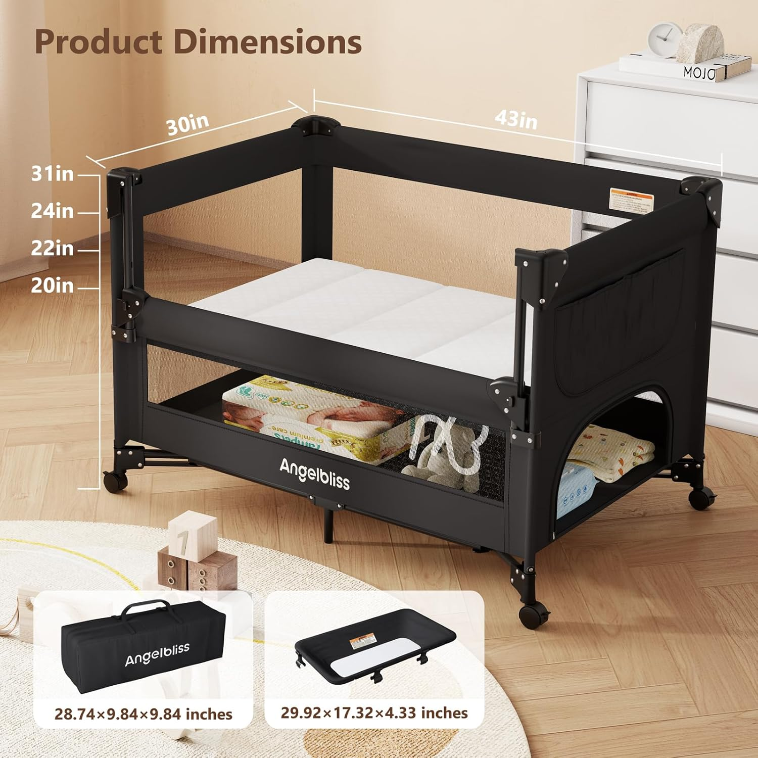 Angelbliss One-Push Setup Baby Bassinet & Pack and Play - Bedside Crib with Diaper Changer BN11 Black Size