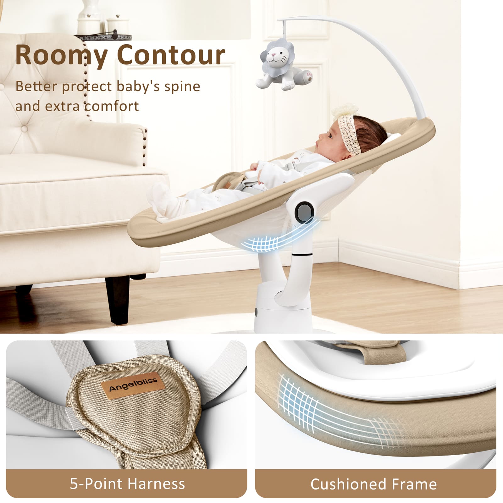 Angelbliss Baby Swing: 6 Unique 3D Motions, Bluetooth App, 13 Lullabies - Electric Infant Swing BS03 Khaki