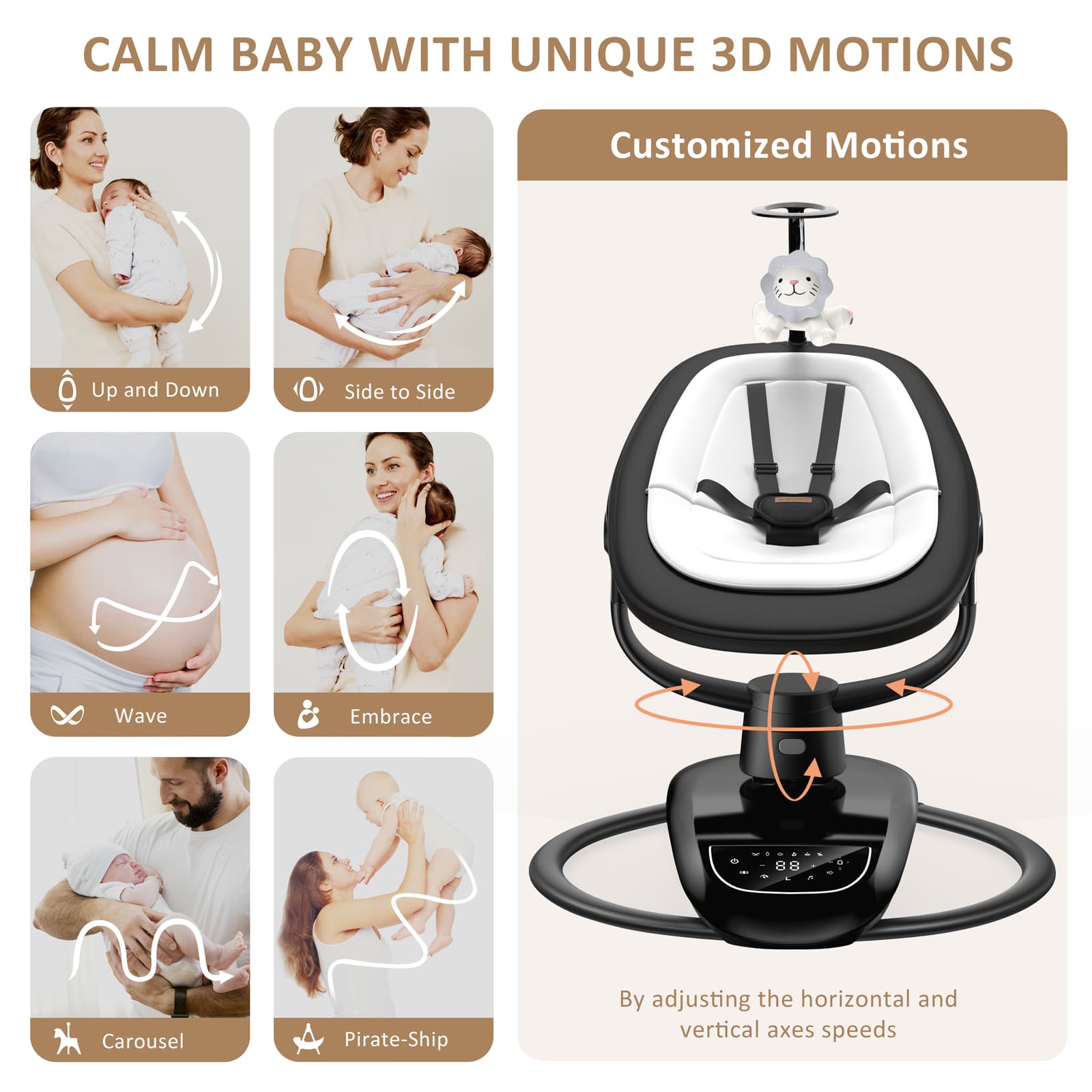 Angelbliss Baby Swing: 6 Unique 3D Motions, Bluetooth App, 13 Lullabies - Electric Infant Swing BS03 Black