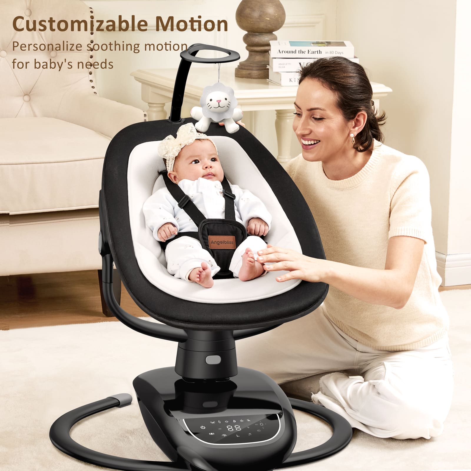 Angelbliss Baby Swing: 6 Unique 3D Motions, Bluetooth App, 13 Lullabies - Electric Infant Swing BS03 Black