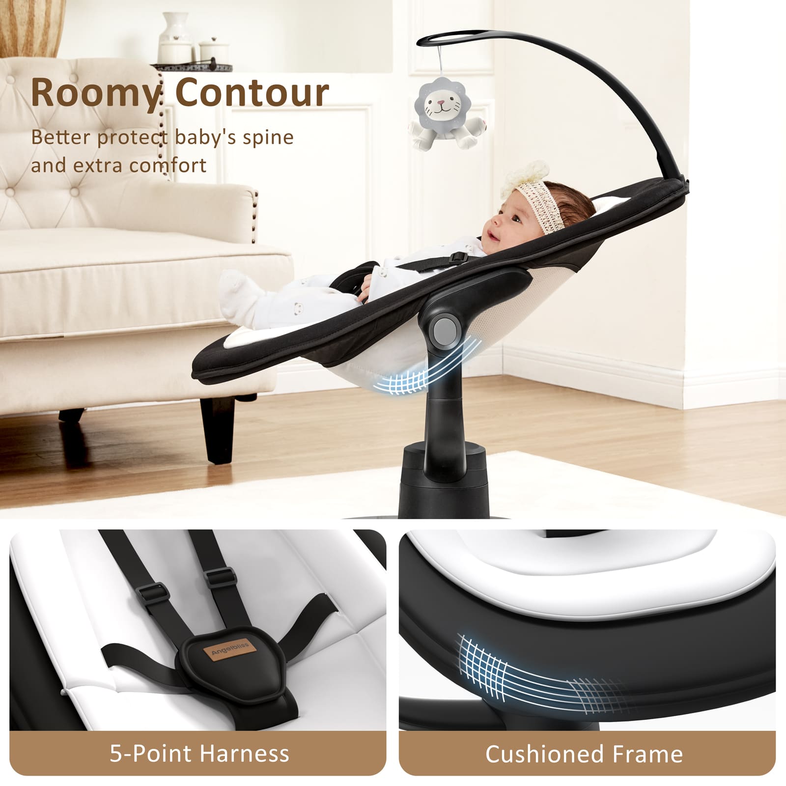 Angelbliss Baby Swing: 6 Unique 3D Motions, Bluetooth App, 13 Lullabies - Electric Infant Swing BS03 Black