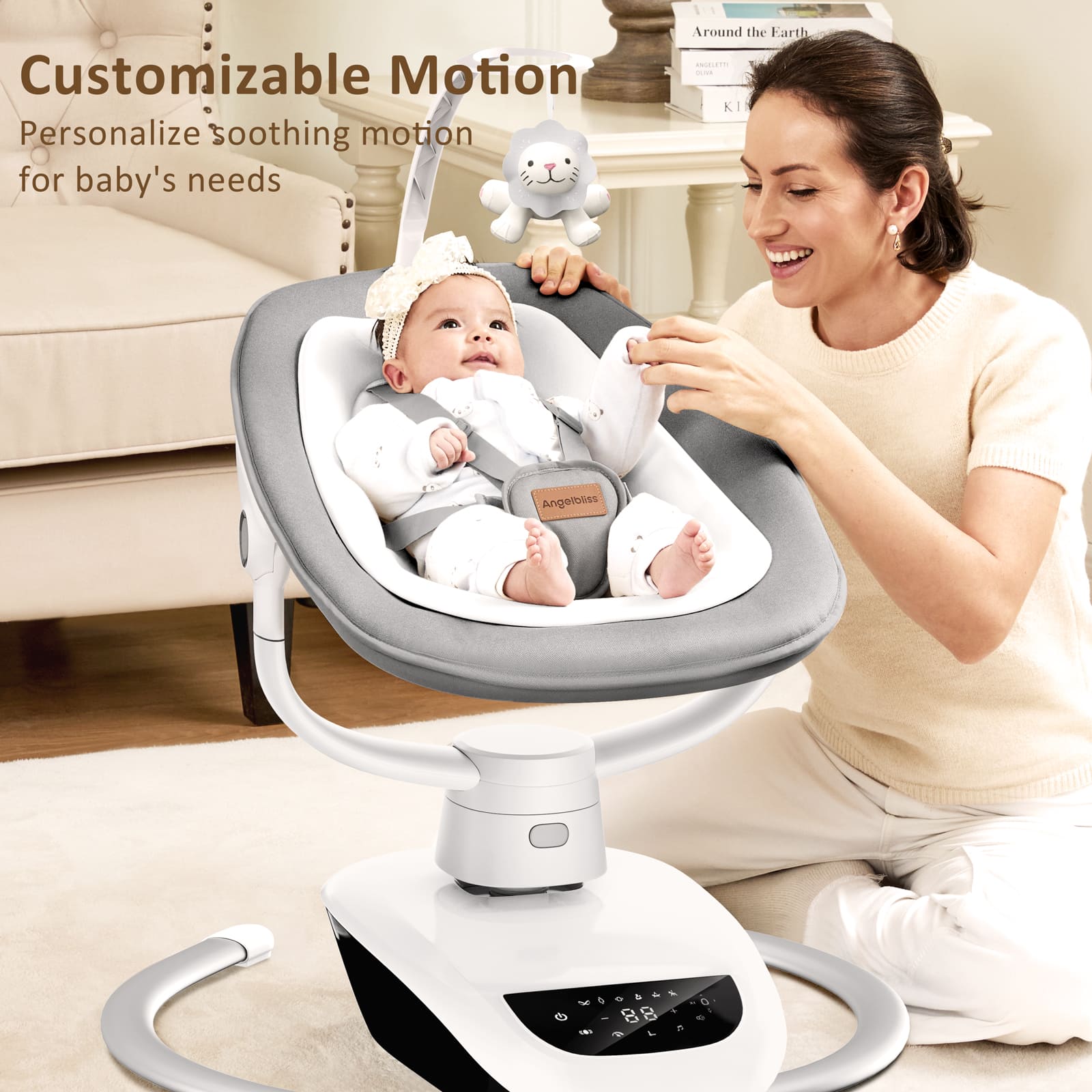 Angelbliss Baby Swing: 6 Unique 3D Motions, Bluetooth App, 13 Lullabies - Electric Infant Swing BS03 Grey