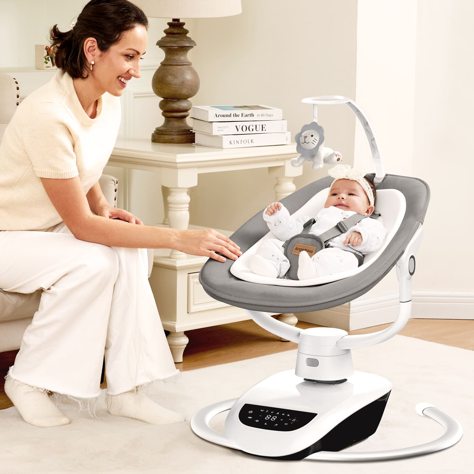 Angelbliss Baby Swing: 6 Unique 3D Motions, Bluetooth App, 13 Lullabies - Electric Infant Swing BS03 Grey
