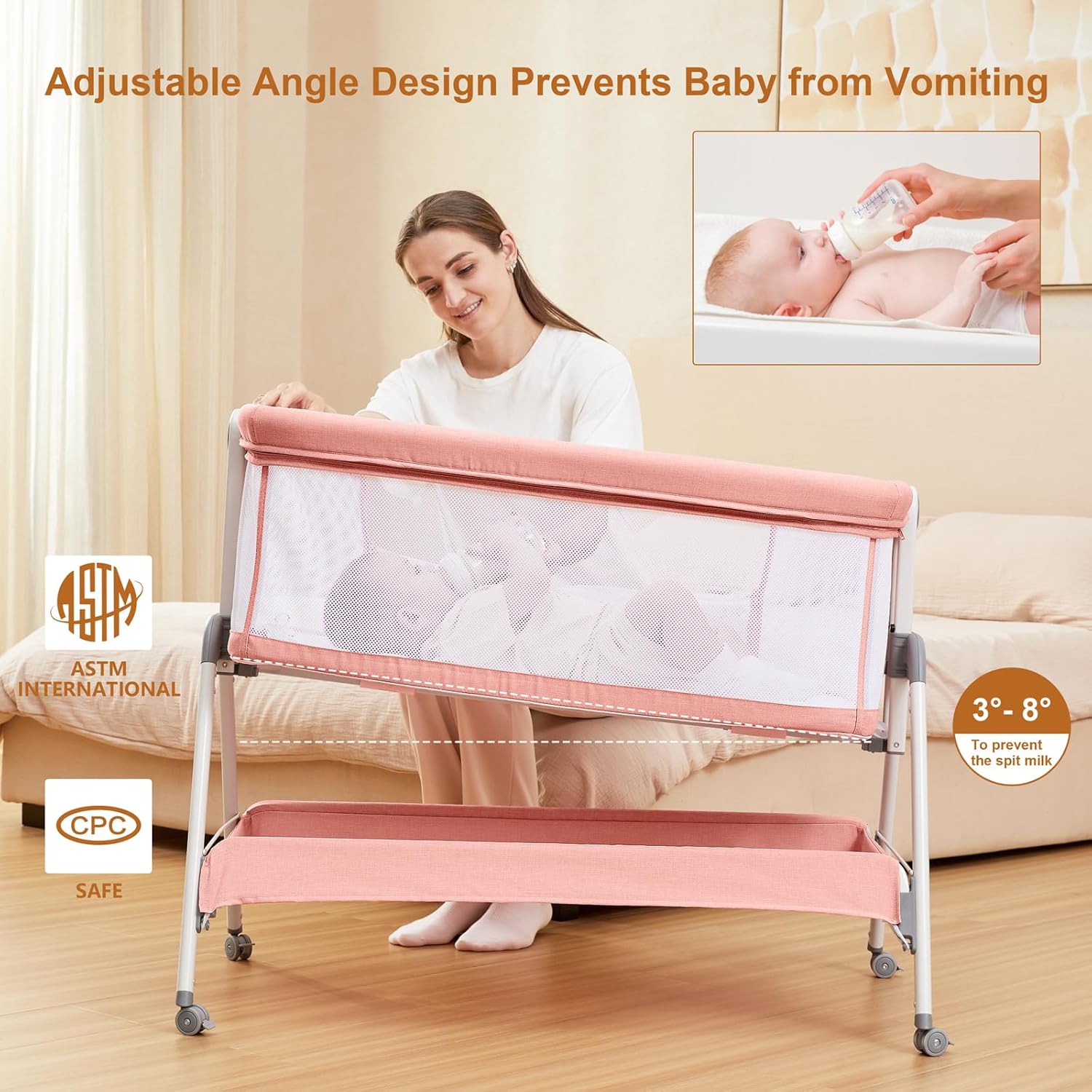 ANGELBLISS_baby_bassinet_pink_BN06_adjustable_angle_design