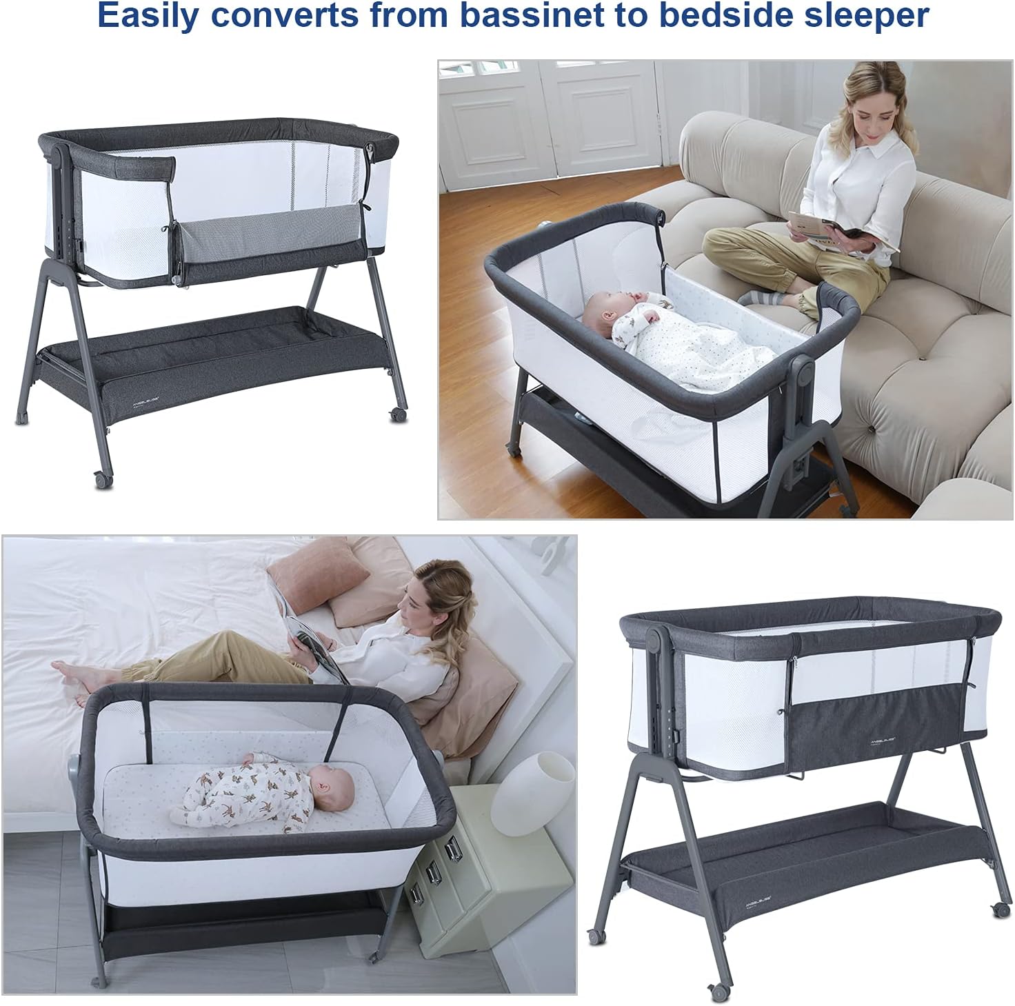 Baby Bedside Portable Bassinet BN02 grey easily converts